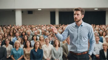 En person med selvtillit og åpenhet, som taler foran en folkemengde.