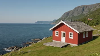 Et lite, trebygd badehus med et skråtak og en brygge som fører ut i vannet.