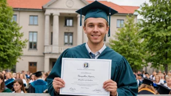 En person holder stolt et diplom, med en bakgrunn av en norsk skole eller universitet, som symboliserer prestasjonen av å fullføre et artium.