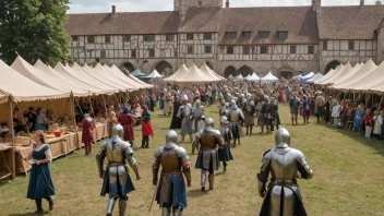 En middelalderfestival med mennesker som nyter tradisjonell mat, håndverk og underholdning.