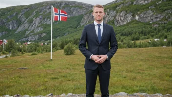 En representant for Senterpartiet står foran et norsk flagg.