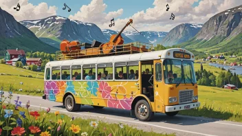 En fargerik illustrasjon av en konsertturnébuss som kjører gjennom det norske landskapet, omgitt av noter og instrumenter.