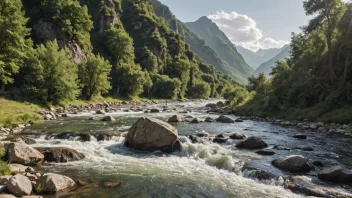 Et fredelig landskap med en elv som flyter fra et fjell, som representerer opphavet eller kilden til noe.