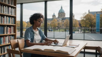 En person som studerer i et bibliotek med et universitetsområde i bakgrunnen