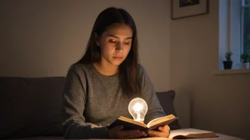 En person leser en bok med en tankefull uttrykk, med en lyspære som tennes i bakgrunnen.