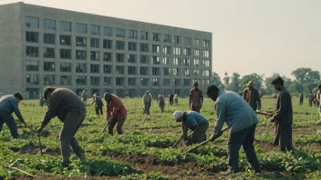 En scene som viser tvangskollektivisering, hvor enkeltpersoner samles for å arbeide i et delt miljø.