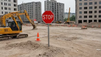 En byggeplass med et stort rødt stoppskilt i midten.