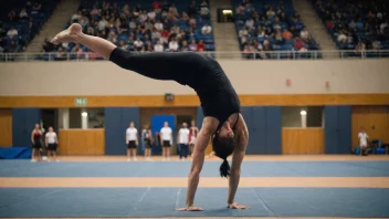 En person som utfører en gymnastisk bevegelse, med en bakgrunn av en gymnastikksal eller en idrettsplass.