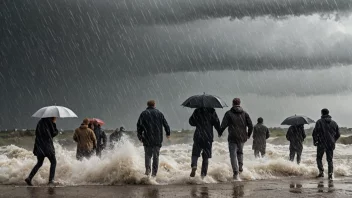 Et stormfullt vær med sterke vinder og kraftig regn, som illustrerer begrepet å bli overveldet eller angrepet av en mektig kraft.