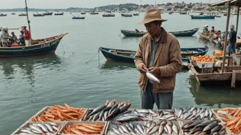 En person som handler fiskekvoter på et marked, med en fiskebåt i bakgrunnen.