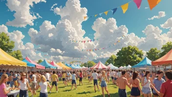 En fargerik sommerfestival-scene med mennesker i alle aldre som har det gøy.