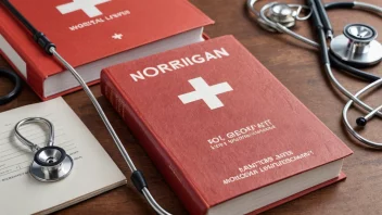 En illustrasjon av en norsk lov bok med et rødt kors symbol på omslaget, som representerer syketrygdloven.