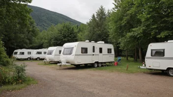 En caravan med flere tilkoblede enheter, parkert på en campingplass.