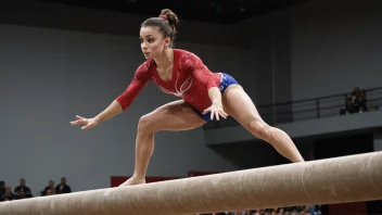 En kvinnelig gymnast som utfører en vanskelig landing på en balansebom