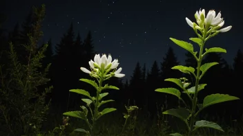 En lysvåkne plante med hvite blomster og et mykt lys, omgitt av møll og andre insekter.