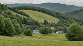 En malerisk scene av en liten skog eller et skogområde med bygninger i bakgrunnen.