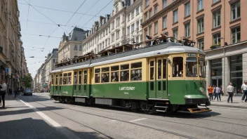 En leddtrikker som kjører langs en bygate.