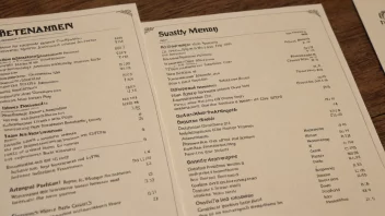 En restaurantmeny med en rekke valg, inkludert forretter, hovedretter og desserter.