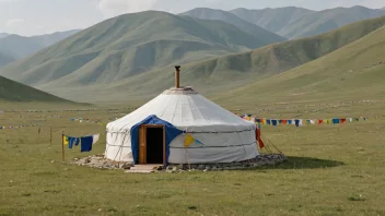 En tradisjonell kalmukkisk yurt med buddhistiske bønneflagg i bakgrunnen.