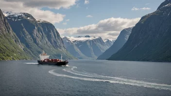 Et lite lasteskip som seiler gjennom en norsk fjord.