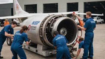 Flyteknikerorganisasjonspersonale som utfører vedlikehold på en flymotor.