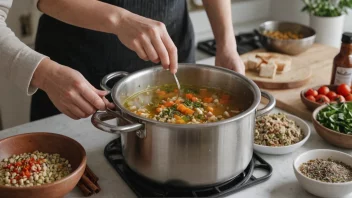 En person som tilsetter ingredienser til en gryte med suppe for å forbedre smaken.