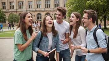 En gruppe studenter som ler og har det gøy sammen, med en universitets- eller høyskolebygning i bakgrunnen.