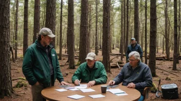 En gruppe mennesker sitter rundt et bord og ser på et kart over en skog.