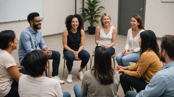 En gruppe mennesker sitter i en sirkel og diskuterer sine problemer sammen med en terapeut.