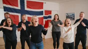 En gruppe mennesker synger og danser sammen, med et norsk flagg i bakgrunnen.