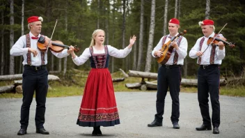 En gruppe mennesker i tradisjonelle norske klær danser og spiller tradisjonsmusikk.