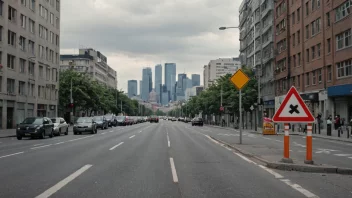 En trafikkskilt på en vei med en by i bakgrunnen.