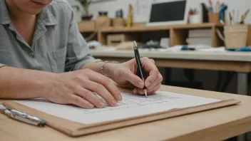 En person som sitter ved et skrivebord og arbeider på en liten oppgave, med et større prosjekt synlig i bakgrunnen