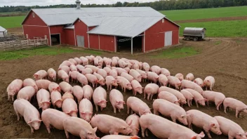 En stor svinefarm med mange svin og en stor låve, som representerer produksjonen av svinekjøtt