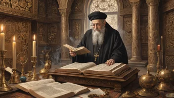 En illustrasjon av en jødisk synagoge med en rabbin som leser fra Torahen.