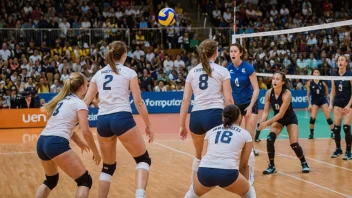 Et volleyballandslag i aksjon, med spillere fra ulike land som konkurrerer i en internasjonal turnering.