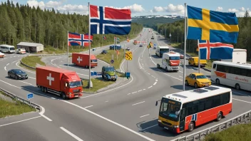 Et bilde som viser trafikken mellom Norge og Sverige, med ulike kjøretøy som krysser grensen.