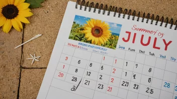 Et bilde av en kalender-side med måneden juli fremhevet, omgitt av sommer-tematiske illustrasjoner.