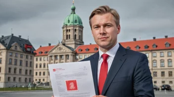 Et bilde av en politiker som holder et dokument med en rød stemple av misbilligelse, som symboliserer en mistillitserklæring.