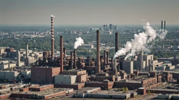 En stor industriell kompleks med skorsteiner og maskiner.