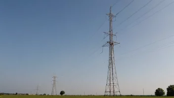 En stålmast med antenner og kraftledninger i et landlig landskap.