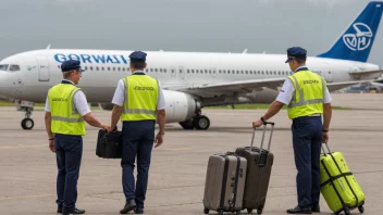 Bakkepersonell som arbeider på bakken på en flyplass, håndterer bagasje og dirigerer fly.