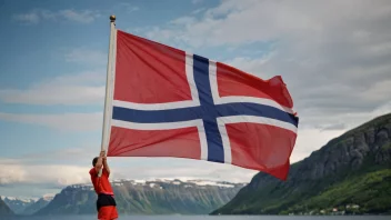 En person holder et norsk flagg, med en bakgrunn som representerer landets historie og kultur