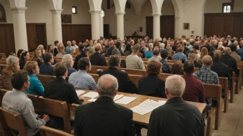 En gruppe mennesker samlet i en kirke, engasjert i en diskusjon om religiøse spørsmål.