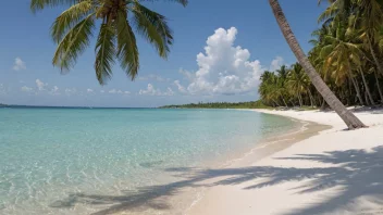 En vakker hvit sandstrand med rolige vann.