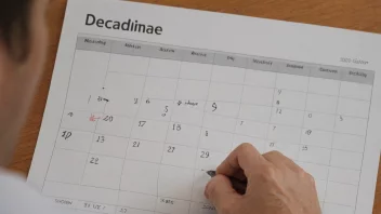 En person som arbeider med et dokument med en frist markert på en kalender i bakgrunnen