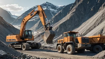 En illustrasjon av en bergverksdrift i Norge, med fokus på maskinene og utstyret som brukes til utvinning av mineraler og ressurser.