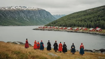 Et kystområde med tradisjonelle samiske hus og mennesker i tradisjonelle klær.