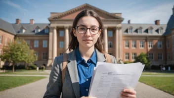 En illustrasjon av en person som holder en mappe med dokumenter, med en universitets- eller skolebygning i bakgrunnen.