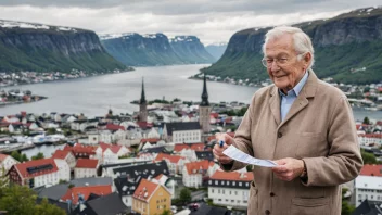 En glad norsk pensjonist holder en pensjonssjekk, med en bybilde av Oslo i bakgrunnen.